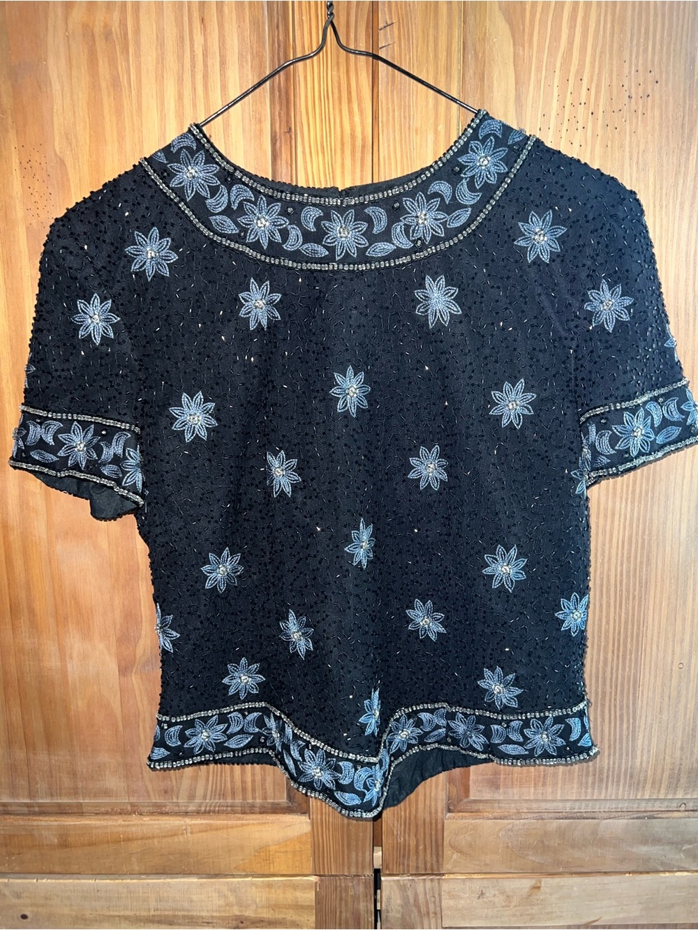 Cite D Azur Vintage Silk Beaded Embroidered Black Blue Floral Blouse Small